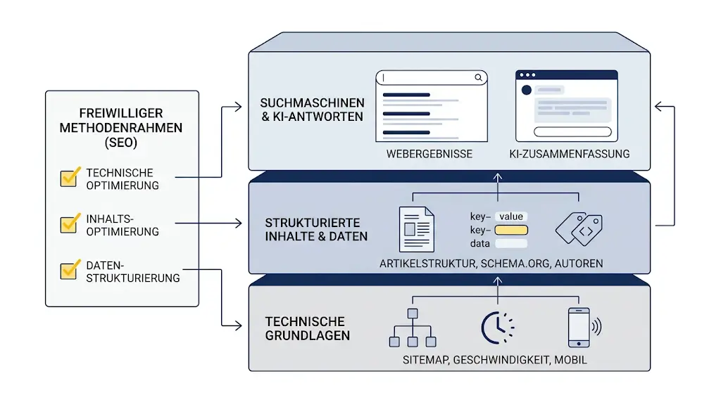 Dreistufiges Fundament: technische Grundlagen und strukturierte Inhalte bilden die Basis für Sichtbarkeit in Suchmaschinen und KI-Antworten