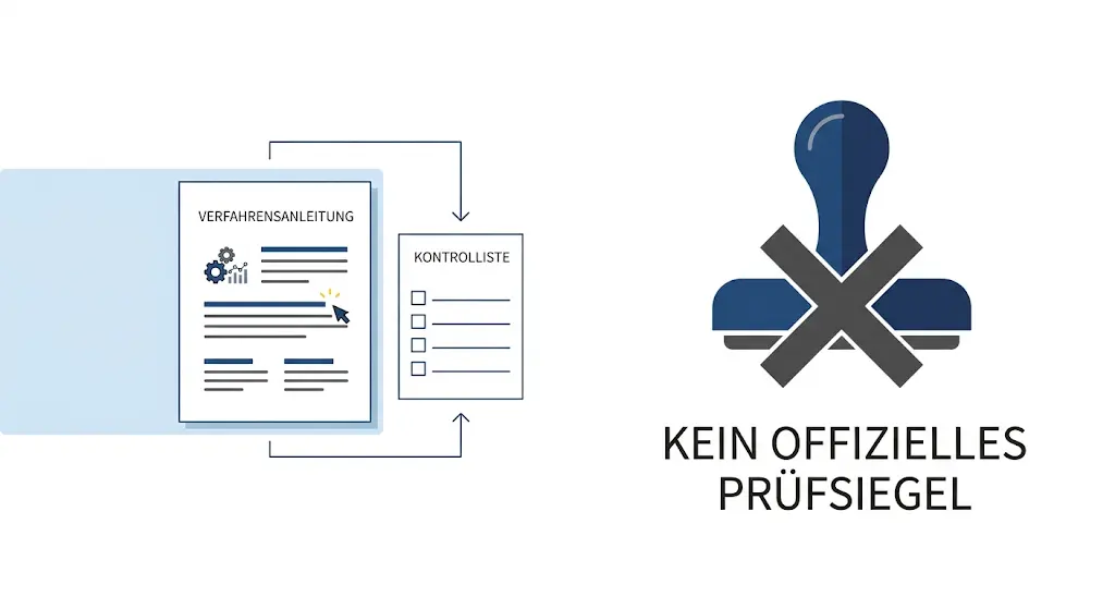 Verfahrensanleitung und Kontrollliste stehen einem durchgestrichenen Prüfsiegel-Stempel gegenüber – die DIN SPEC 33461 ist kein offizielles Prüfsiegel