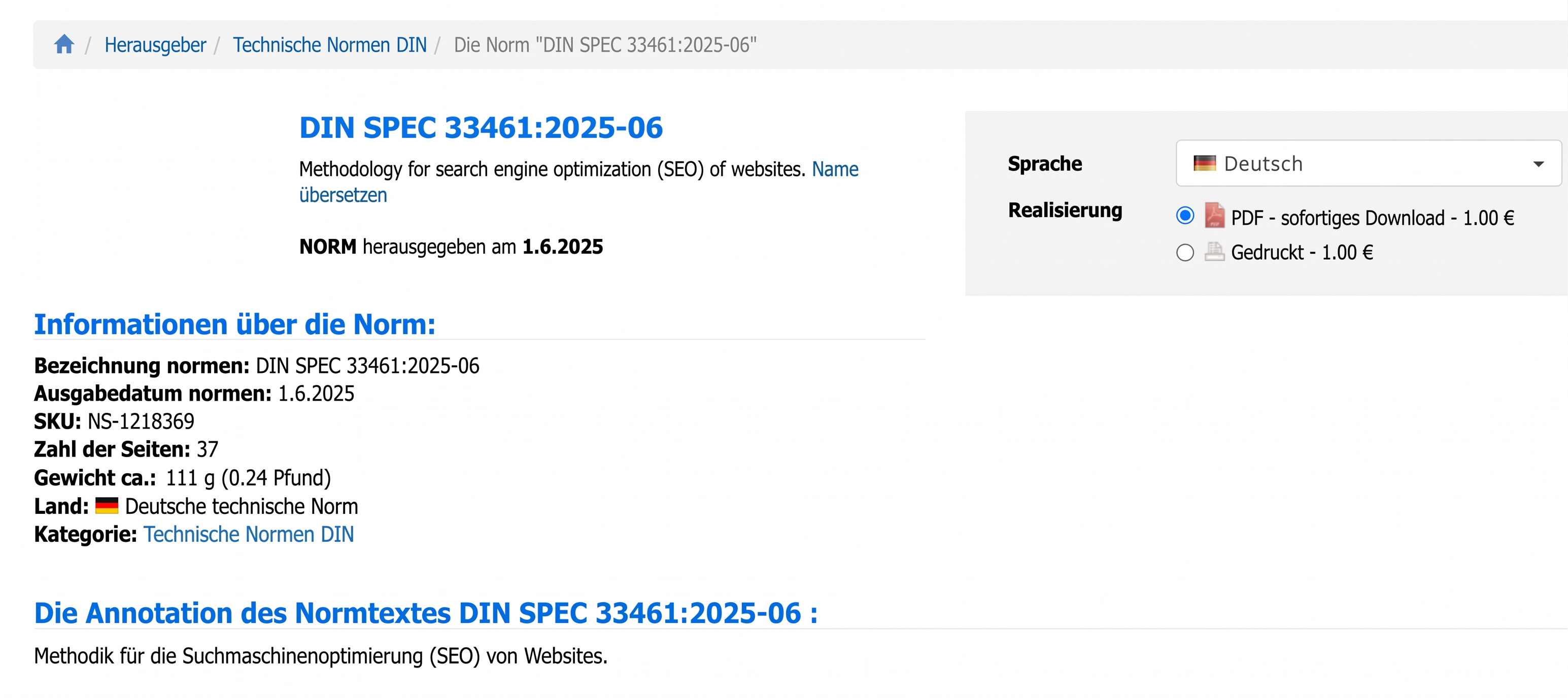 Screenshot des offiziellen Normeneintrags zur DIN SPEC 33461:2025-06 mit Titel, Veröffentlichungsdatum, Seitenzahl und Preis