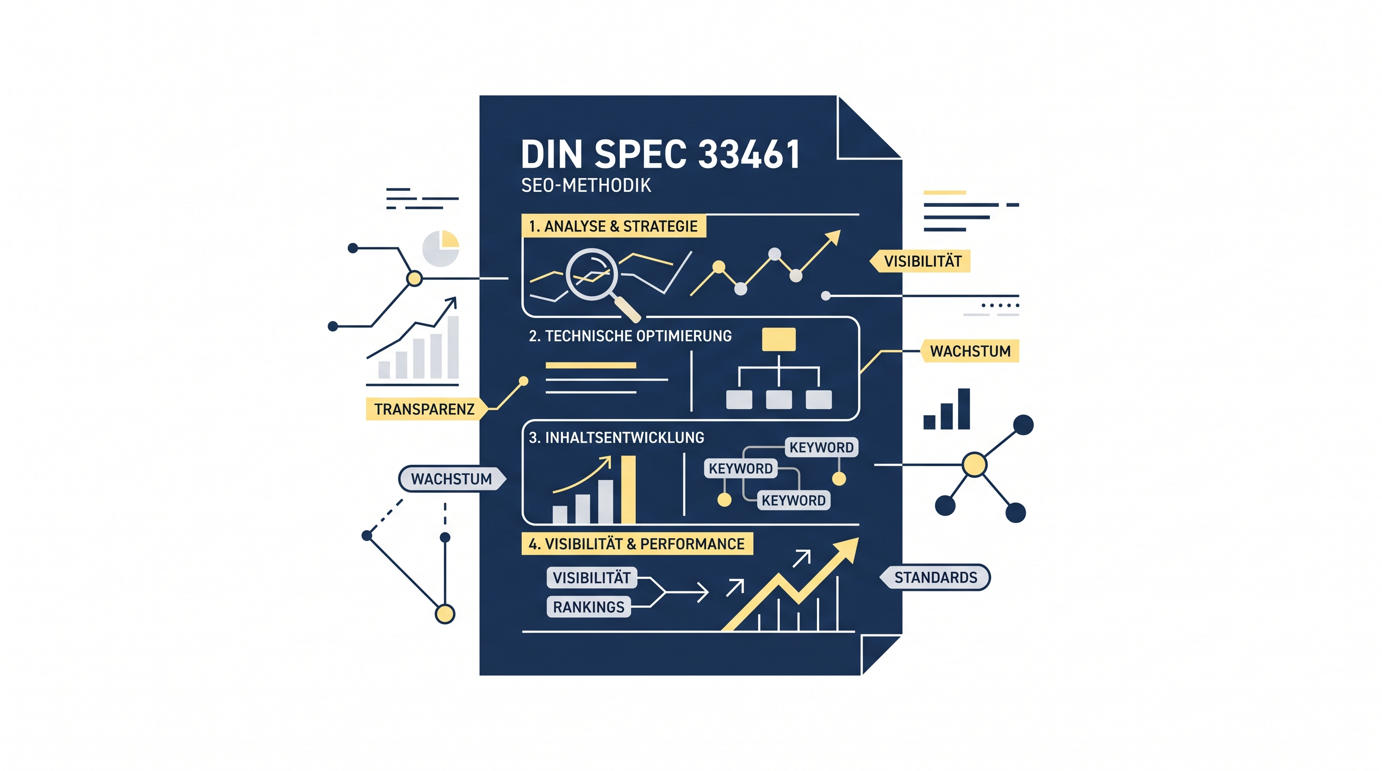 Vierstufige SEO-Methodik nach DIN SPEC 33461 auf einem stilisierten Norm-Dokument