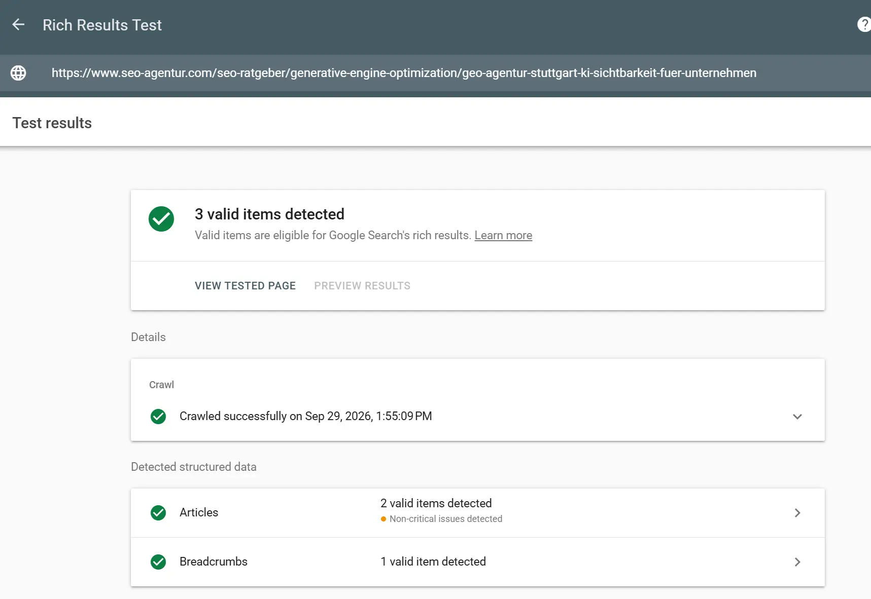 Screenshot des Google Rich-Suchergebnistests mit erfolgreich erkannten strukturierten Daten