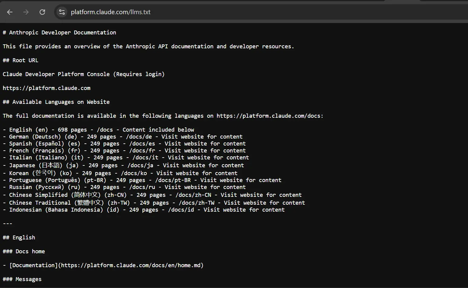 Auszug aus der llms.txt-Datei von Anthropic (docs.anthropic.com/llms.txt): Markdown-Übersicht mit H1, Kurzbeschreibung und strukturierten Links zur Dokumentation.