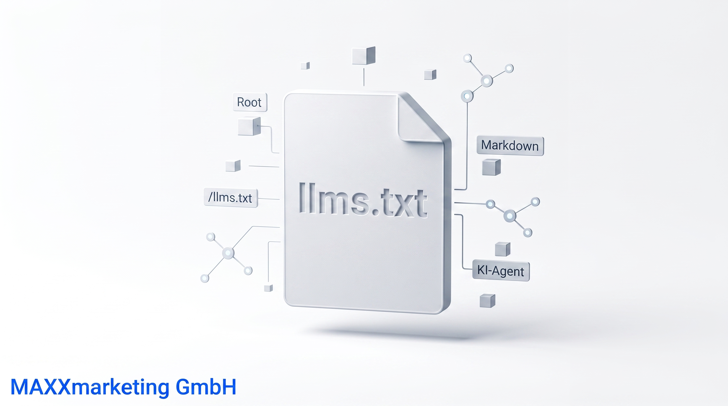 Stilisierte 3D-Darstellung einer llms.txt-Datei als maschinenlesbare Übersicht für KI-Agenten, mit integrierter Typografie auf weißem Hintergrund.