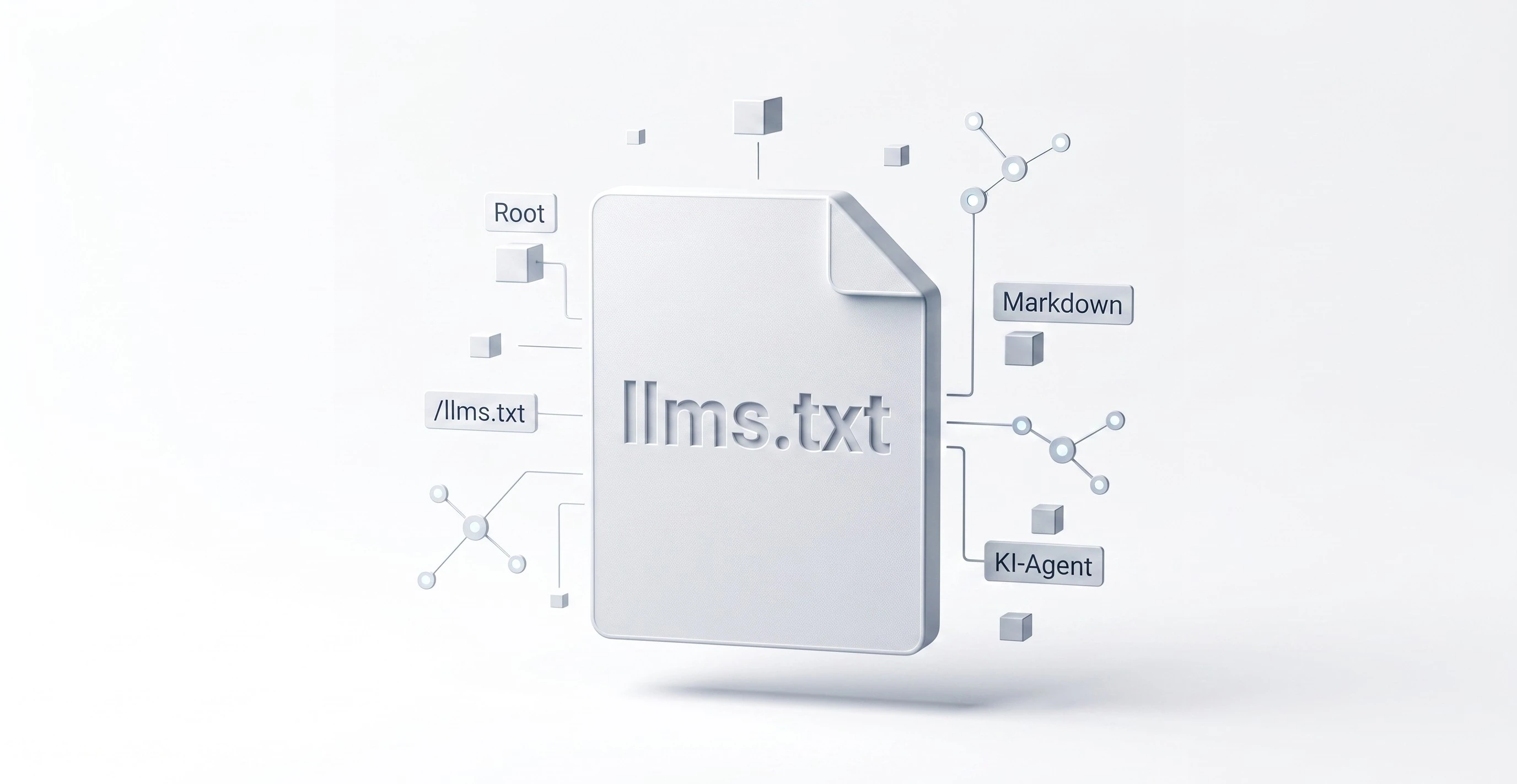 Stilisierte 3D-Darstellung einer llms.txt-Datei als maschinenlesbare Übersicht für KI-Agenten, mit integrierter Typografie auf weißem Hintergrund.