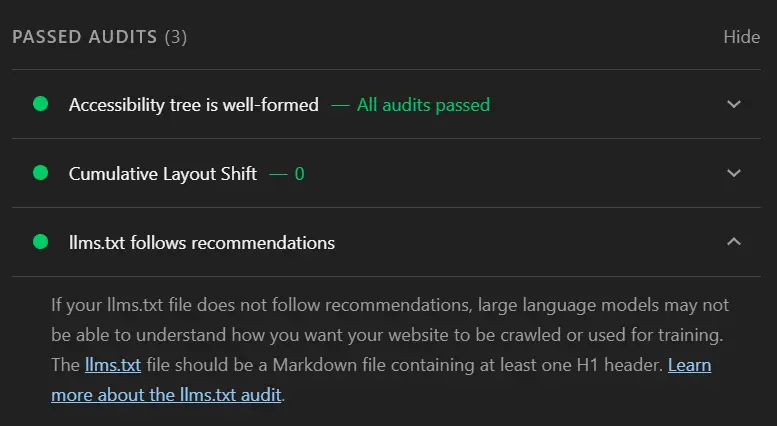 Lighthouse-Report für docs.anthropic.com mit dem bestandenen Audit 'llms.txt follows recommendations' in der Kategorie Agentic Browsing.