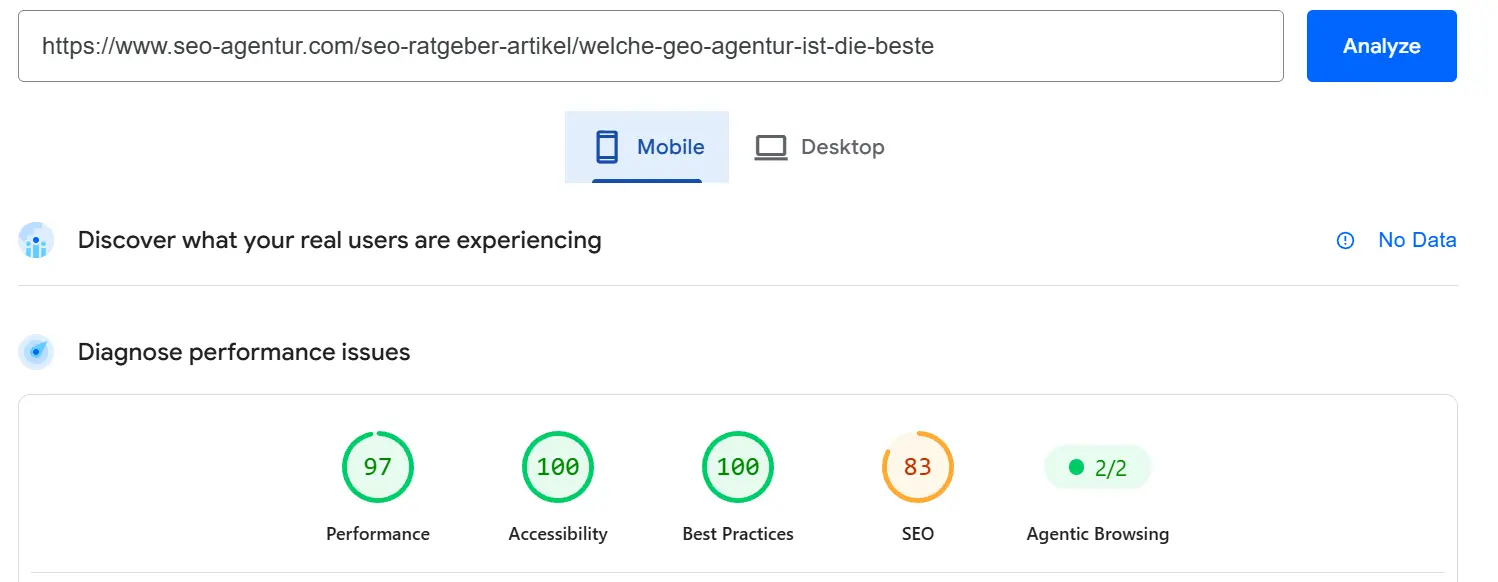 Screenshot eines Google PageSpeed Insights-Berichts für diesen Artikel mit Scores für Performance, Barrierefreiheit, Best Practices, SEO und Agentic Browsing