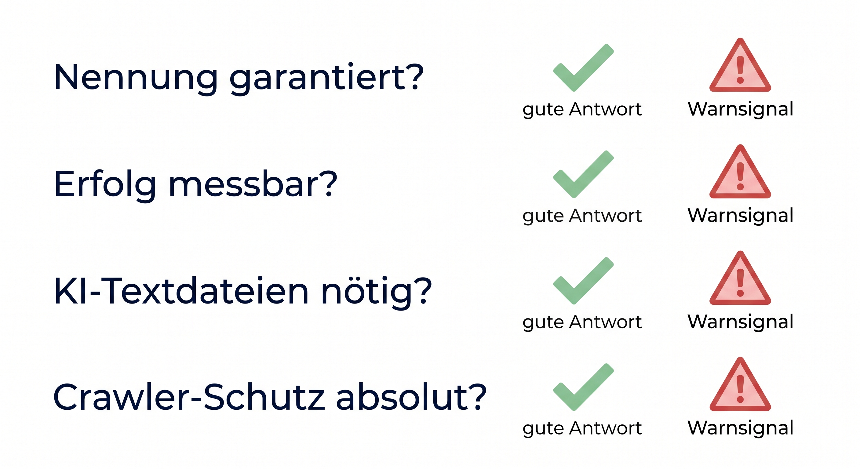Checklisten-Grafik mit vier Pitch-Fragen an eine GEO-Agentur, je mit Symbol für gute Antwort und Warnsignal