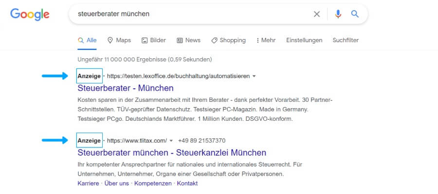 Die Google Ads erscheinen in den Suchergebnissen ganz oben.