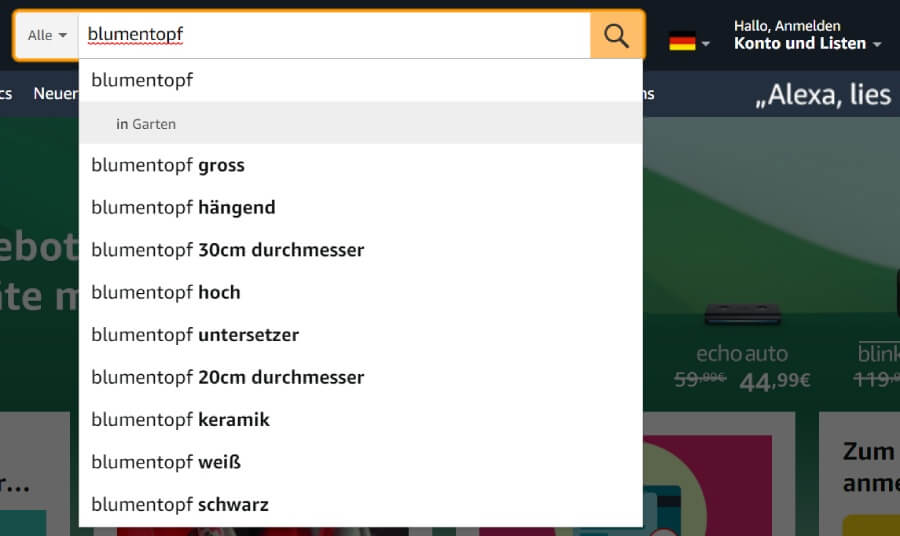 In der Amazon Suchleiste bekommen Sie Keyword-Vorschläge.