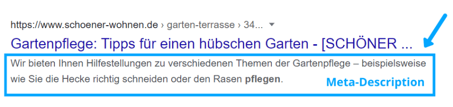 Die Meta-Description befindet sich unter dem Title und ist Teil des Google Snippets.