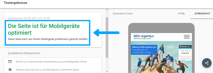 Das Mobile Friendly Test Tool zeigt an, wie gut eine Seite für Mobilgeräte optimiert ist.