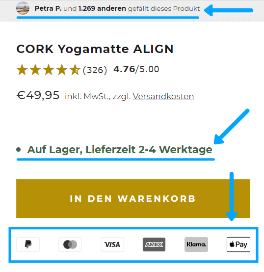 Beispiel Vertrauens-Faktoren Bei dieser Produktansicht gibt es gleich mehrere Vertrauens-Faktoren.