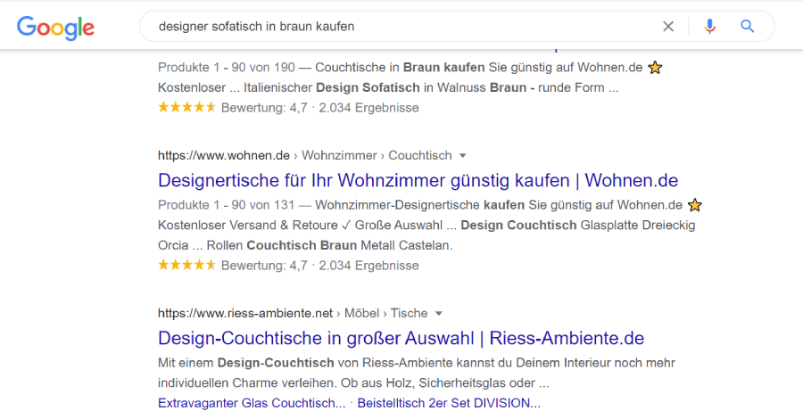 Beispiel der Suchintention: designer sofatisch in braun kaufen