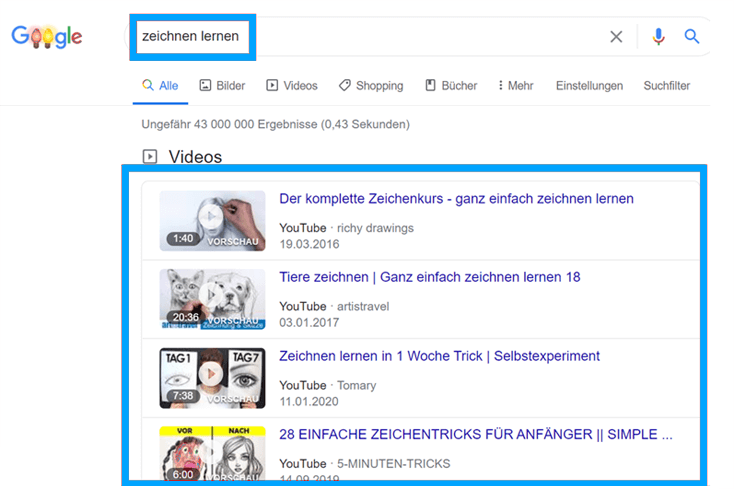 Bei diesem Beispiel hat Google die Absicht richtig erkannt und zeigt Anleitungsvidoes.